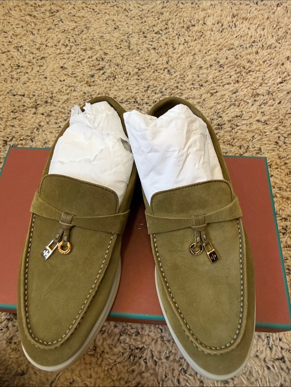 Loro Piana Olive Suede Slip-On Loafers with Decorative Hardware